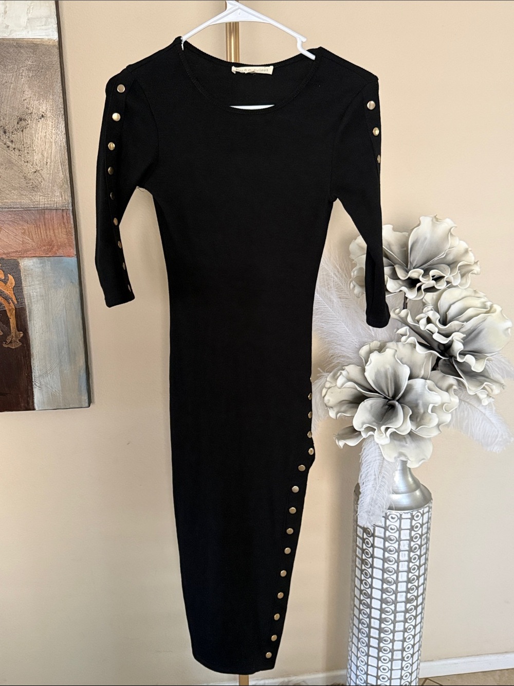 Black Midi Bodycon Dress with Gold Button Detail - Women